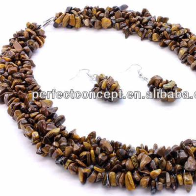 China Chunky Semi Precious Stone Stone Tiger Eye Chips Necklace And Earring Jewelry Set for sale