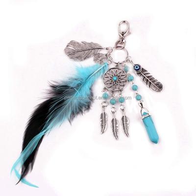 China Natural Leaf Dream Catcher Bag Charm Alloy Evil Eye Stone Key Chain for sale