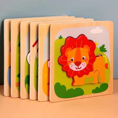 China Toy Hot Selling Eco-Friendly Cartoon Lion Car Giraffe Animal Shapes Wooden Puzzles 3D Puzzles Toddler Educational Wooden Toys For Children for sale