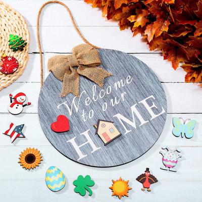 China New Design Europe Wedding Interchangeable Seasonal Garland Housewarming Wooden Welcome Sign For Front Door With DIY Letters for sale