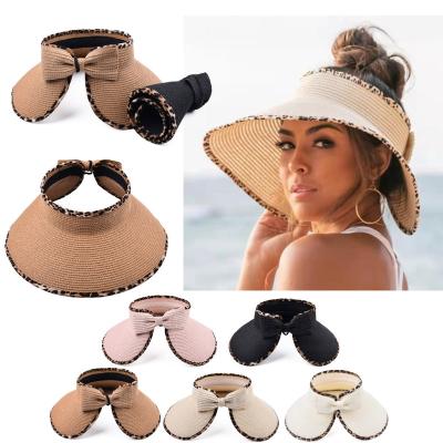 China Image Women's Straw Wide Brim Hat Summer UV Protection Straw Hat Beach Bow Knot Outdoor Sunscreen Sun Visor for sale