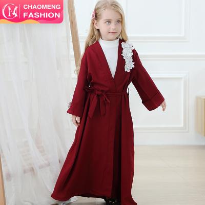 China 1836# Islamic Clothing For Kids Maroon 3D Flowers Lace Up Dubai Little Girls Long Sleeve Front Open Abaya S M L for sale