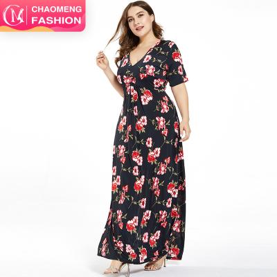 China 5064# V-Neck Sexy Deep Waist Short Sleeve Print Dress Women High Quality Plus Size High Fashion Plus Size Beach Bohemian Dresses for sale