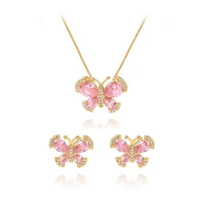 China Office/Career Necklaces Earrings 18k Gold Thin Layers Jewelry Set Hip Hop Butterfly Icy Pink Jewelry Cubic Zirconia for sale