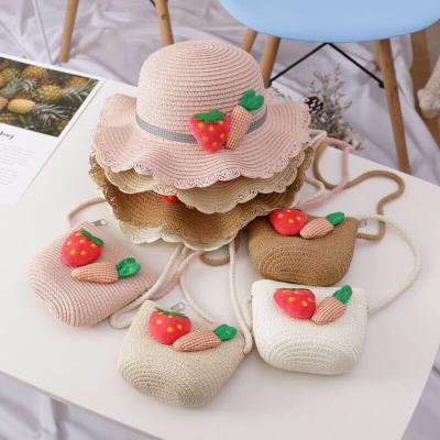 China Cute wavy brim baby straw hat summer eco-friendly travel girl's beach hat sun hat wild bag set BG133 for sale