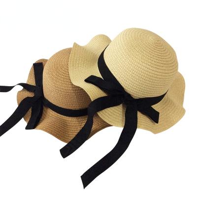 China Plush Girls Summer Hat Black Ribbon Decorate Straw Hat Kids Sun Hat Baby Beach Wavy Hats For Girls Children Panama for sale