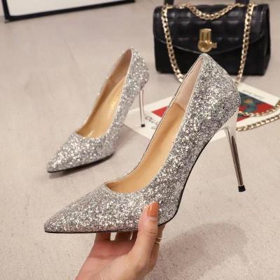 China Light Weight Bride Wedding Shoes Women 2020 New All-match Sequin Led Bridesmaid Stiletto Crystal Shoes French Girl High Women's Lodging for sale