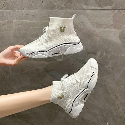 China New Women's Small Daisy Breathable Stretch PVC Casual Sports Lace Up PVC Sneakers High Top Flat Bottom Front High Top Female Shoes for sale