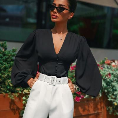 China Autumn Ladies Elegant Lantern Long Sleeve V-Neck Women Fashion Summer Crop Tops Blouse Tops Button Up Vintage Shirts Casual Clothing for sale