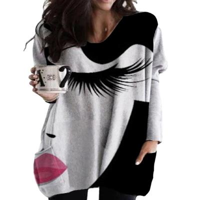 China Autumn Plus Size 3XL Womens Print Irregular Edge T-shirt Vintage Long Sleeve T Shirt Tops V Neck Tee Tunic Girl Clothes Mujer for sale