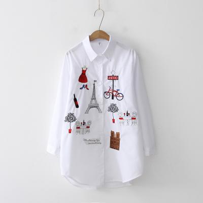 China 2021 Retro Autumn Harajuku Embroidered White Shirt European And American Mid Length Tops FB Embroidery Long Sleeve Shirt Females for sale