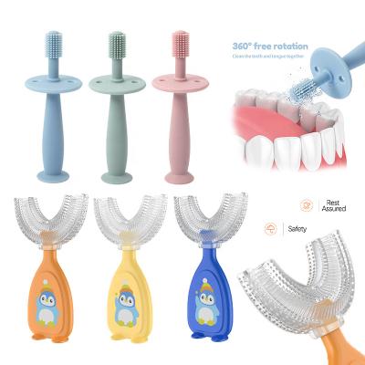 China Foldable Kids U Shape Silicone Manual Toothbrush Food Grade Silicone Soft Stiffens Teeth Baby Cleaning Toothbrush for sale