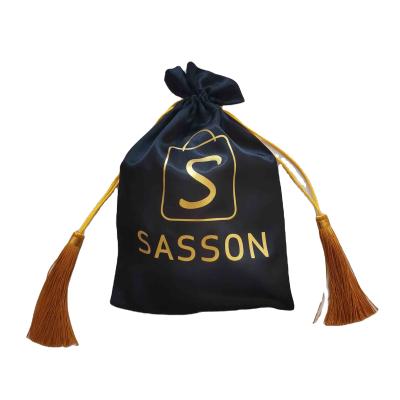 China Promotion Custom Luxury Black Silk Drawstring Package Dust Hair Extension Bag With Logo Printing for sale