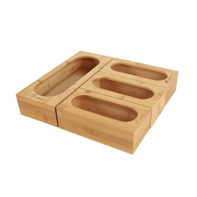 China Viable Storage Wooden Ziplock Organizer Bag Bamboo Kitchen Drawer Organizer Dispense Food Storage Bag Holder for sale