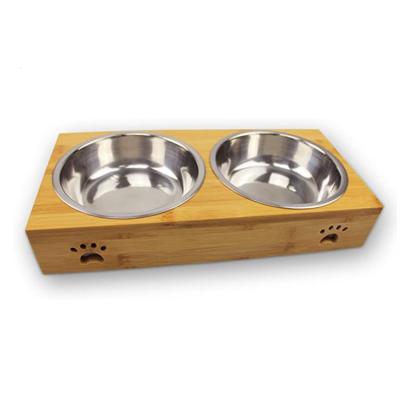 China Sustainable High Quality Natural Bamboo Dog Cat Food Bowl Wooden Pet Vertical Feeder for sale