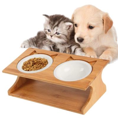 China Customized Natural Pine Sustainable 15 Degree Slanted Chic Design Overhead Cat Bowl With Stand for sale