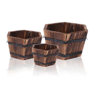 China Morden Factory Outlet 3 Pieces Fashionable Hexagonal Planters Wooden Bucket Pots Boxes With Handle for sale