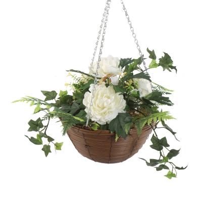 China Art Decor China Supplier High Quality Artificial Hanging White Rose Flower Basket With Flower Plant For Home Decoration for sale