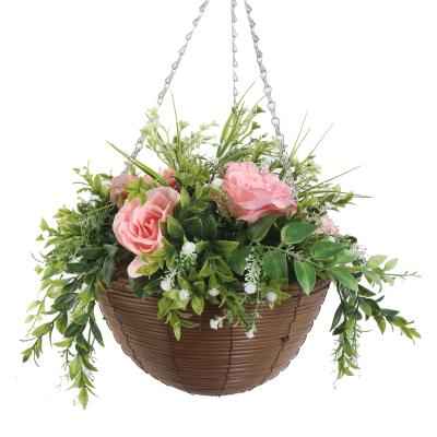 China Art Decor High Quality Plastic Artificial Rose Flowers With Basket Hanging Artificial Flower For Wall Shop Garden Decoration for sale