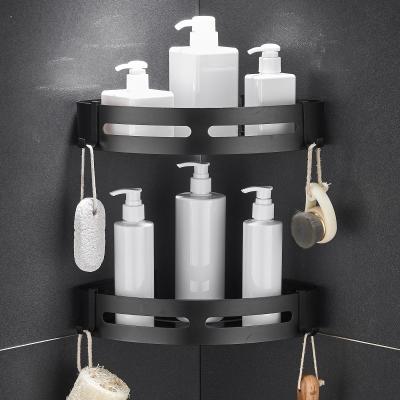 China Bolt Inserting Type Float Wall Mount Organizer Black Storage Metal Two Tier Bathroom Shelf For Bathroom for sale