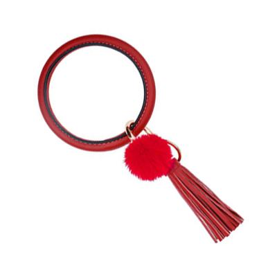 China Hot Selling Bead Key Chain Bangle Bracelet Retro Promotion Gift Bead Key Chain PU Colorful Wooden Leather Tassel Bracelets for sale