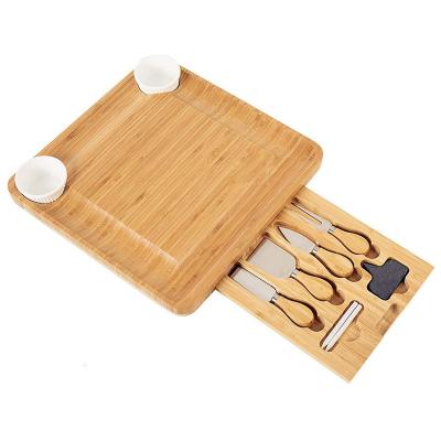 China Totally Sustainable Hot Selling 100% Wooden Cheese Bamboo Natural Wooden Board With Knives Set 2 Ceramic Bowl for sale