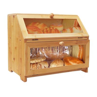 China Freshness Keeping Large Capacity 2 Tiers Bread Bamboo Wooden Clear Storage Box For Kitchen Counter for sale