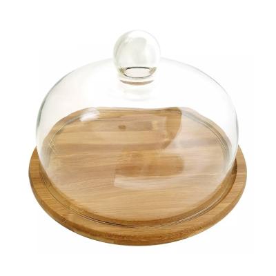 China 100% Natural Freshness Preservation Bread Pizza Bamboo Wooden Cake Food Storage Tray with Clear Glass Cover for sale