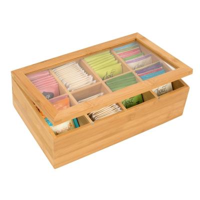 China Sustainable 8 Compartments Coffee Tea Bag Storage Organizer Bamboo Tea Box with Flexible Dividers for Buffets Storage Case for sale