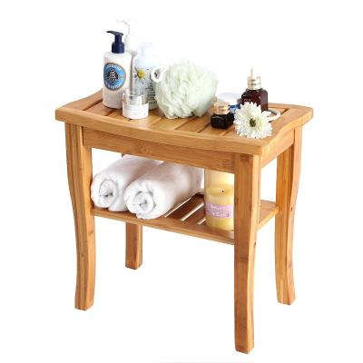 China Nature Sustainable 100% Bamboo Bathroom Shower Bench Stool With 2 Tiers Shoes Towel Shelf for sale