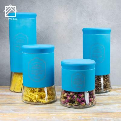 China Folding Glass Spice Jar Sugar Dispenser Glass Stainless Steel Lid Kitchen Canister for sale