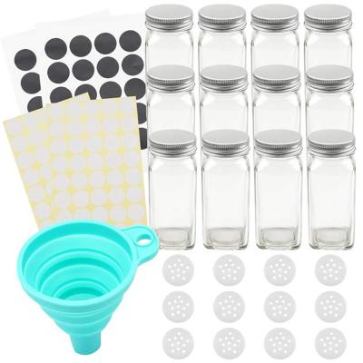 China Best Selling Stocked Porcelain Spice Jar Set 24pcs 4oz Glass Square Herb And Spice Tools Wholesale With Shaker Top Lid Heads Labels for sale