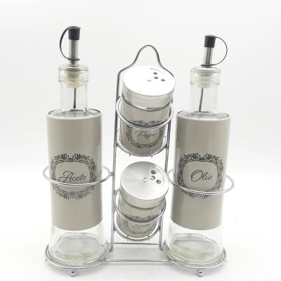 China Herb and Spice Tools Glass Oil Vinegar Dispenser Bottle Salt Shaker Stored Pepper Shaker Set with Stand for sale