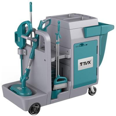 China 2022 TVX Multifunction T-Cart Porter Cart Cleaning Trolley Broom Floor Metal Serving Cleaning Products for sale