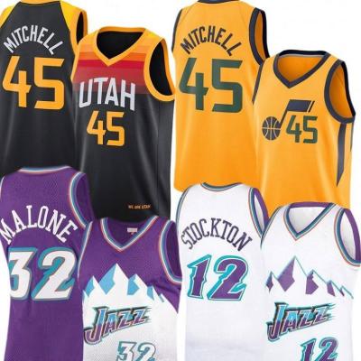 China John 12 Stockton Karl 32 Malone Donovan 45 Mitchell Jazz Basketball Jerseys Utah Men's Purple White Antibacterial for sale