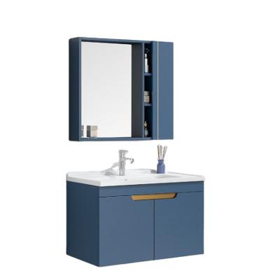 China Environmental Friendly Materials Small Size Simple Style Wall Mounted Blue Bathroom Vanity Cabinet With LED Mirror for sale