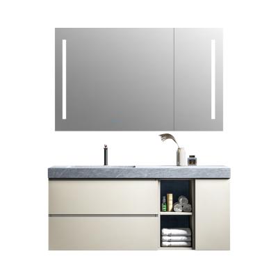 China Environmentally Friendly Materials 32 To 48 Inch Wall Mounted/Floating Bathroom Vanity With Smart LED Mirror Cabinet, Chipboard Stone Vanity Top Built-In Sink for sale