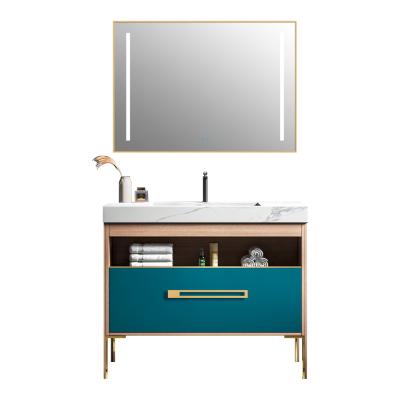 China Environmental Friendly Materials Floor Standing Top Chipboard Stone Bathroom Vanity With LED Mirror Cabinet for sale