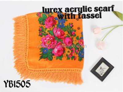 China Lady Scarf, 2017 Fashion Acrylic Lurex Square Scarf with Tassel, Printed Hijab, 100%Polyester Square Scarf for sale