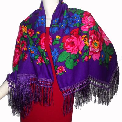 China Feature: Square Fashion Anti-Static Floral Printing Acrylic Scarf With Fringes For Spring for sale