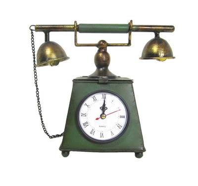 China Art Decor UPGRADE Antique Vintage Metal Telephone Iron Shape Desk Clock Table Clock Decor for sale