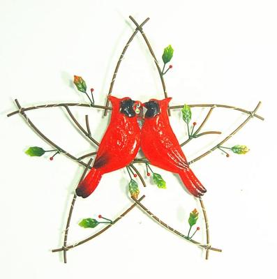 China Traditional UPGRADE Cardinal Wall Hanging Metal Opens Two Birds With Heart Shape Christmas Holiday Ornaments Decor for sale