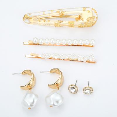 China High Quality Hot Sale Fashion Ladies Blonde Hair Clip Earrings Set Diamond Pearl Jewelry Gold Plated High Quality for sale