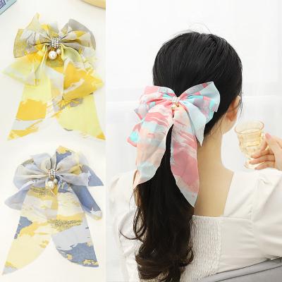 China Korean high quality sweet girl clip top fashion dye tying chiffon bow pearl hair clip headdress for sale