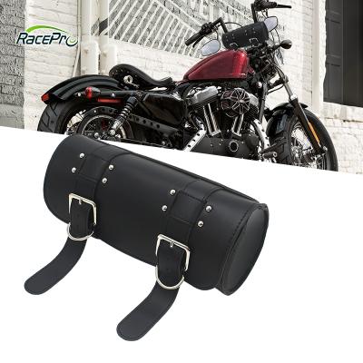 China Retro Black Round Cruiser Universal Leather Motorcycle Scrambler Fork Bag Fork Bag Universal Leather Packing Saddlebags Storage Tool Bag for sale