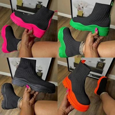 China 2022 Autumn new foreign trade candy color fly woven breathable cylinder high elastic fashion trend women's boots socks boots thick thick for sale