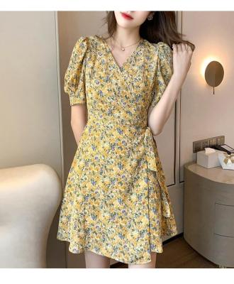 China 2021 Summer Print Anti-static Irregular Women Dress French Slim Retro Dress Woman A-Line Dress for sale