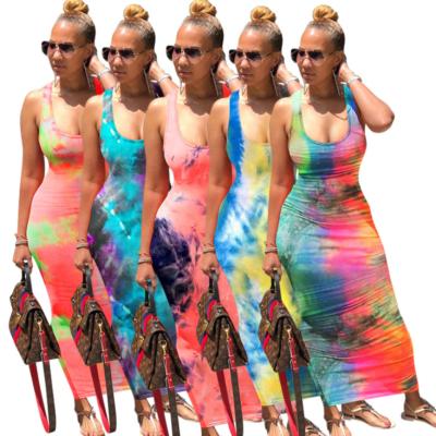 China A 2021 Fashion Wholesale Customization Hot Sale Women Anti-Static Tie-Dye Dress With Back Strap Printed Bodycon Woman Sleeveless Dresses for sale