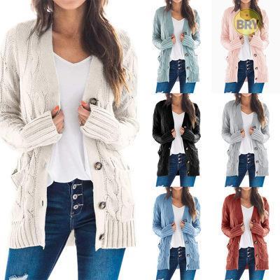 China 2021 Autumn And Winter Breathable Women Long Sleeve Bohemian Style Solid Color Button Cardigan Pocket Knit Casual Loose Sweater Sweater for sale