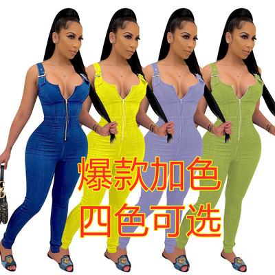 China Wholesale 2021 Summer Fashion Denim Overalls U Neck Zipper Women's Overalls QUICK DRY Front Tight Sleeveless For Party for sale